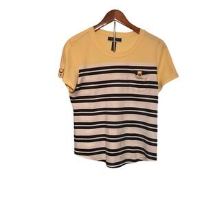 Karen Scott Sport Petites Top Yellow Stripe Pocket D-Ring Detail Short Sleeve